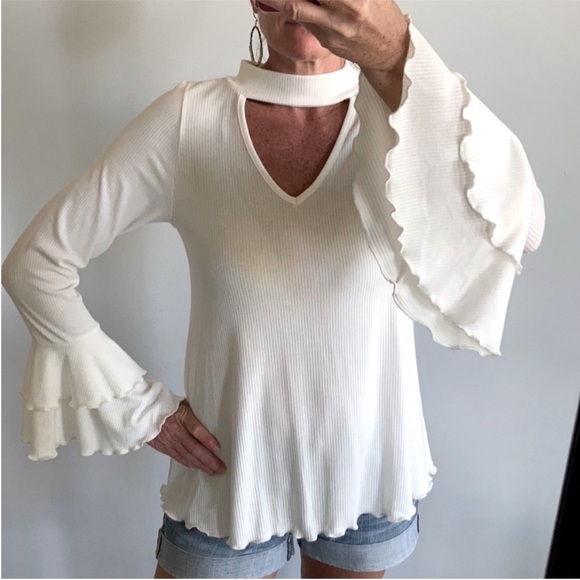 Tops - Choker Neck, Bell Sleeve Tunic Top